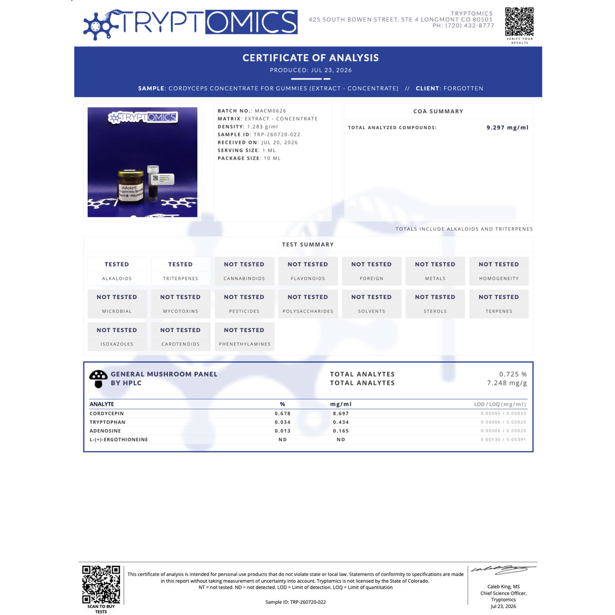 Certificate of Analysis - Cordyceps 777 Gummies