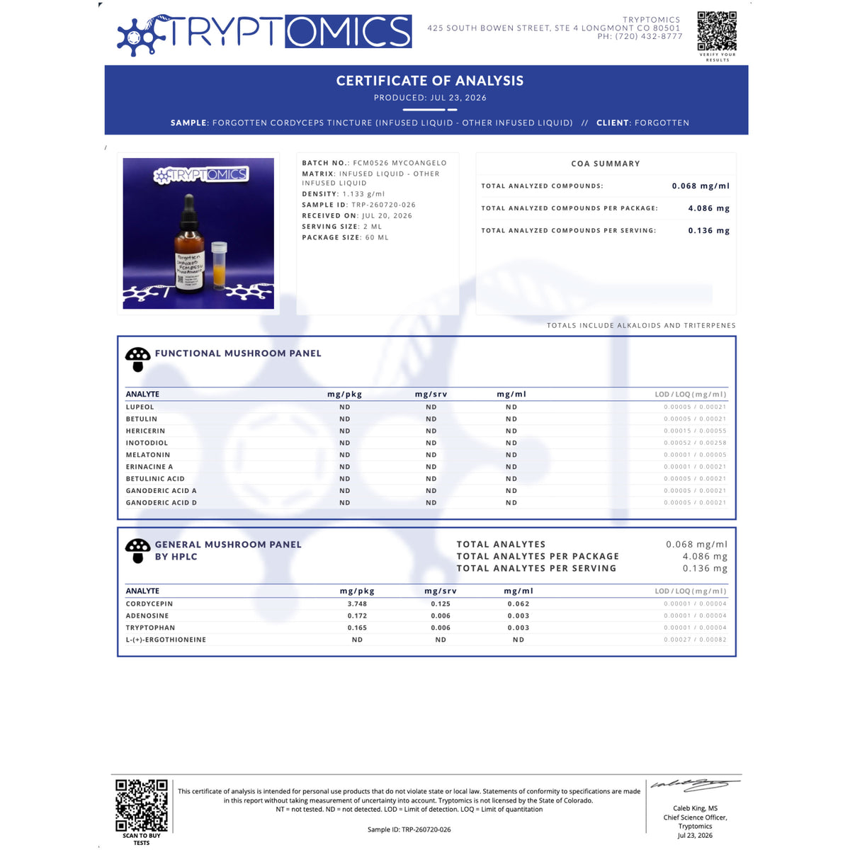 Certificate of Analysis - Cordyceps 777 Tincture